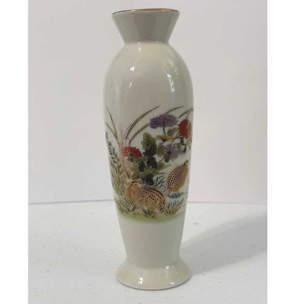 Vintage Otagiri Japan Porcelain Bud Vase Quail Bird Chrysanthemum Gold Trim